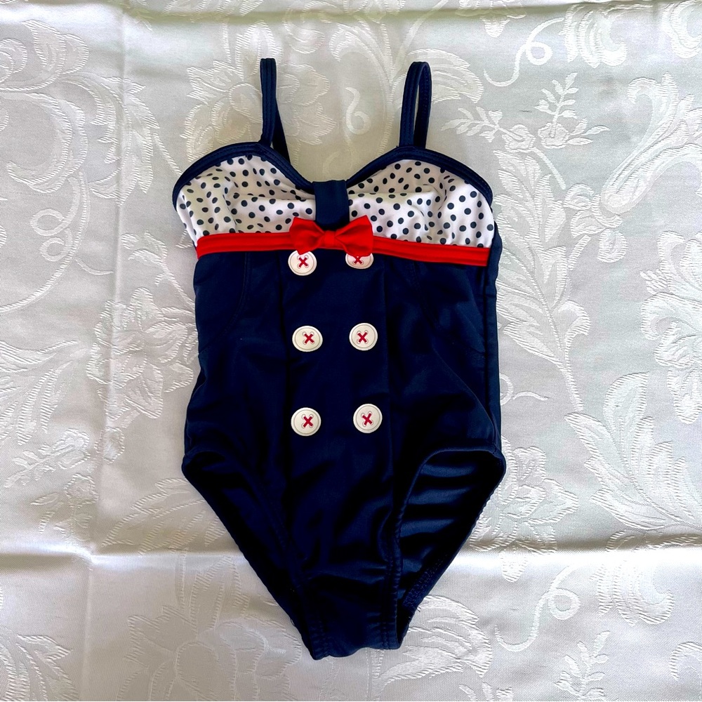 Baby Girl 1 piece bathing suit, navy blue/ red.  18m